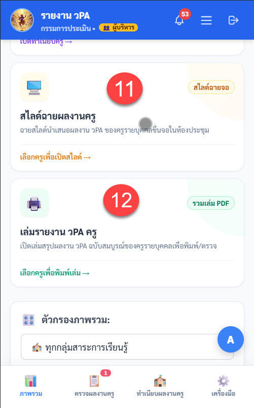 การ์ดสไลด์ฉายผลงานครูและเล่มรายงาน วPA ครู
